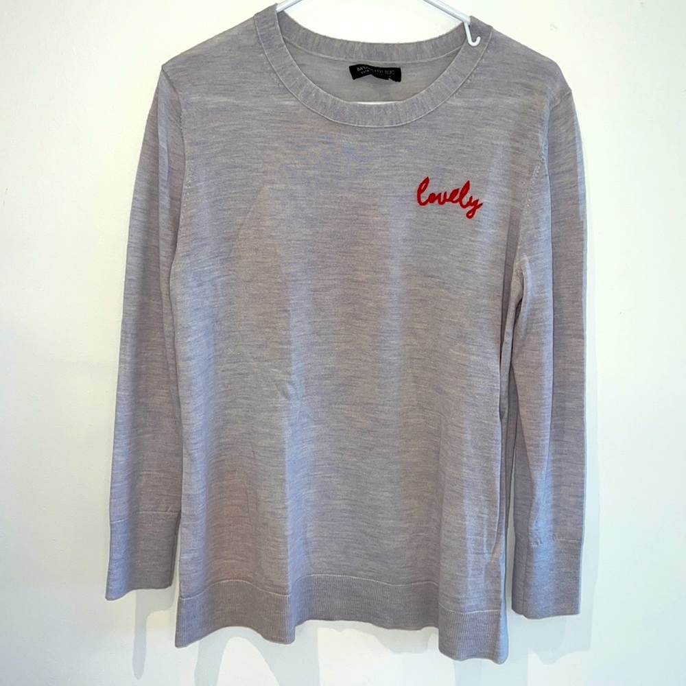 Banana Republic Extra Fine Merino Wool Sweater Heather Blue Red Cursive LOVELY